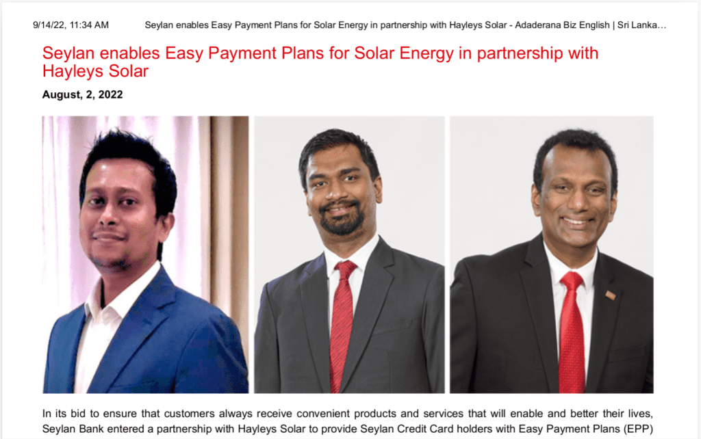 Seylan enables Easy Payment Plans for Solar Energy