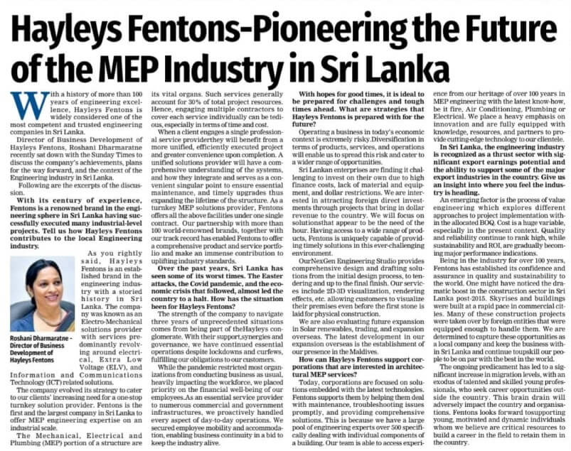 Hayleys Fentons-Pioneering the Future of the MEP Industry in Sri Lanka