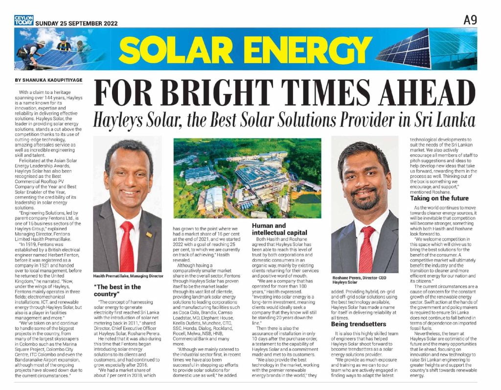 FOR BRIGHT TIMES AHEAD Hayleys Solar, the Best Solar Solutions Provider in Sri Lanka