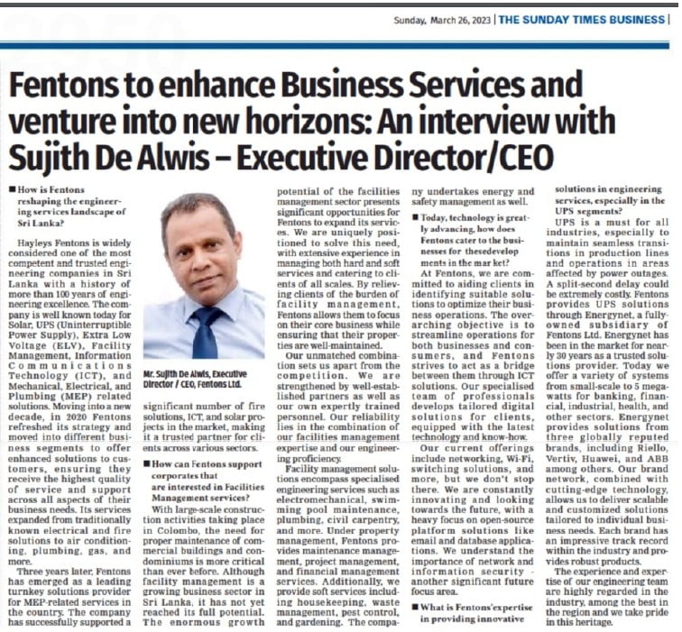 Fentons to enhance Business Services and venture into new horizons: An interview with Sujith De Alwis – Executive Director/CEO