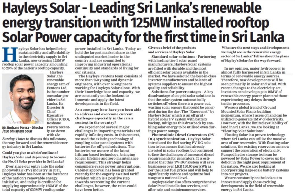 Hayleys Solar – Leading Sri Lanka’s renewable energy transition with 125MW installed rooftop Solar Power capacity for the first time in Sri Lanka