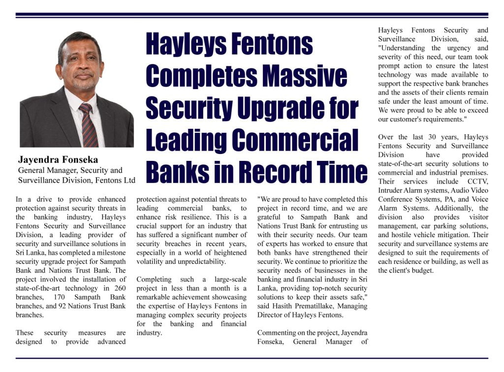 Hayleys Fentons Completes Massive Security Upgrade for Leading Commercial Banks