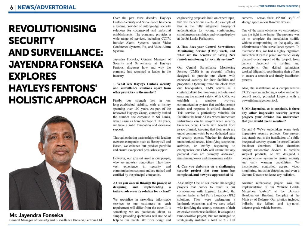 Revolutionising Security and Surveillance: Jayendra Fonseka Explores Hayleys Fentons’ Holistic Approach