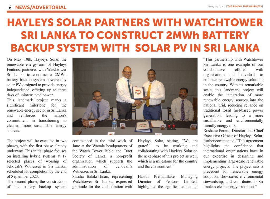 Hayleys Solar partners with Watchtower Sri Lanka to Construct 2MWh Battery Backup System with Solar PV in Sri Lanka