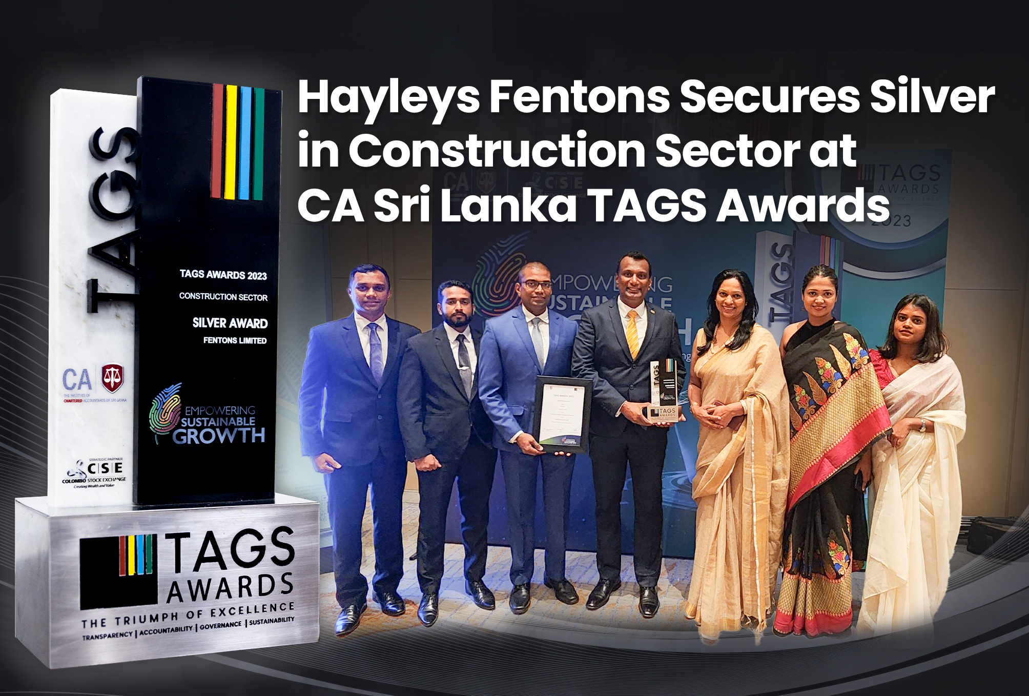 Hasith Prematillake, Managing Director and Pamudith Gunawardana, Finance Director of Hayleys Fentons Limited receiving the award at CA Sri Lanka’s TAGS Awards 2023 ceremony